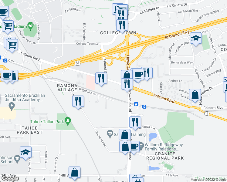 map of restaurants, bars, coffee shops, grocery stores, and more near 15 in Sacramento