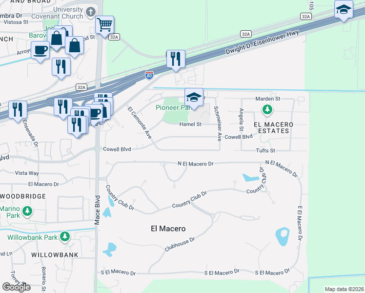 map of restaurants, bars, coffee shops, grocery stores, and more near 5112 El Cemonte Avenue in Davis