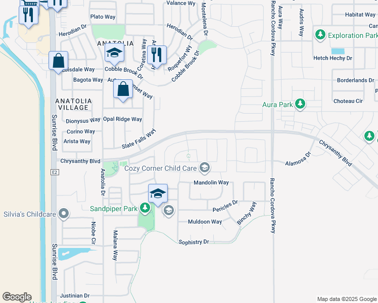 map of restaurants, bars, coffee shops, grocery stores, and more near 11938 Montron Way in Rancho Cordova