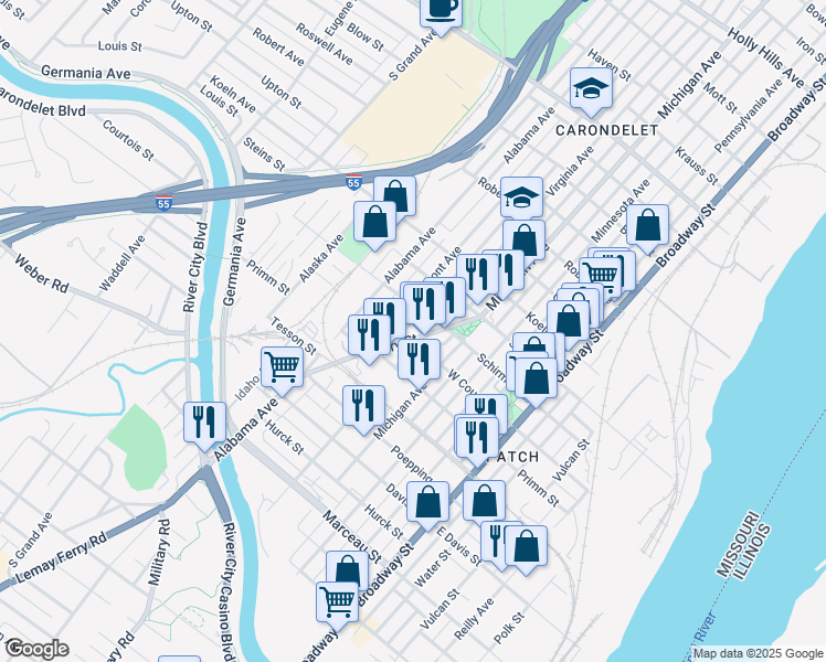 map of restaurants, bars, coffee shops, grocery stores, and more near 7723 Ivory Avenue in Saint Louis