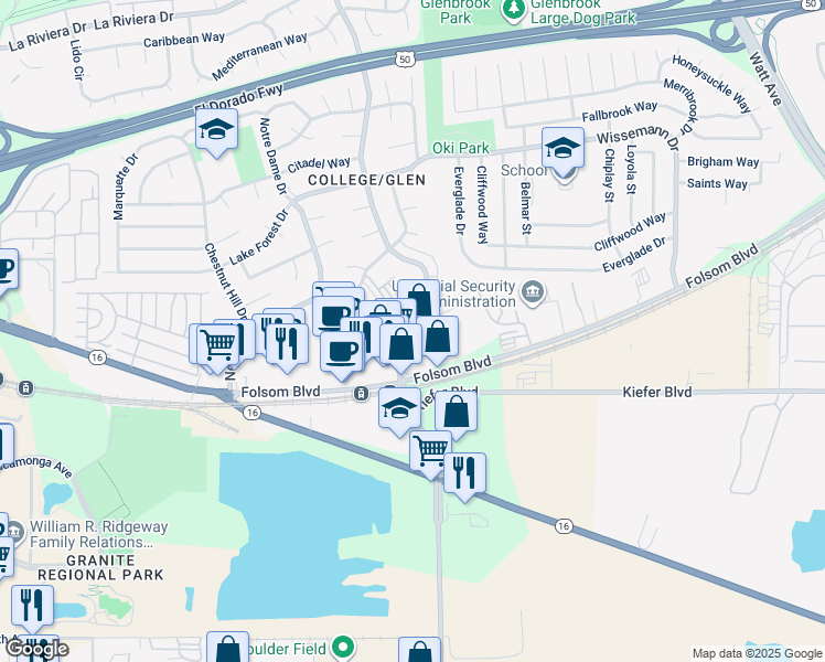 map of restaurants, bars, coffee shops, grocery stores, and more near 3319 Julliard Drive in Sacramento