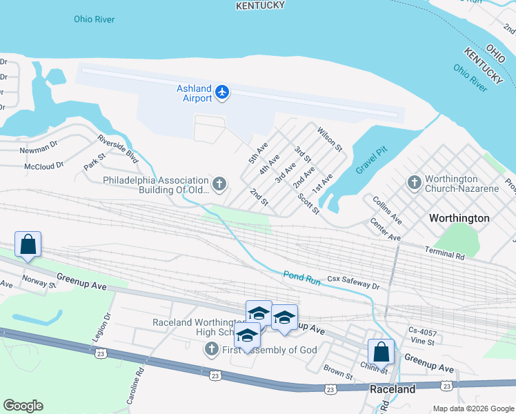 map of restaurants, bars, coffee shops, grocery stores, and more near Riverside Boulevard in Worthington