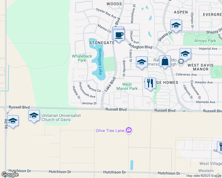 map of restaurants, bars, coffee shops, grocery stores, and more near 2949 Portage Bay West in Davis