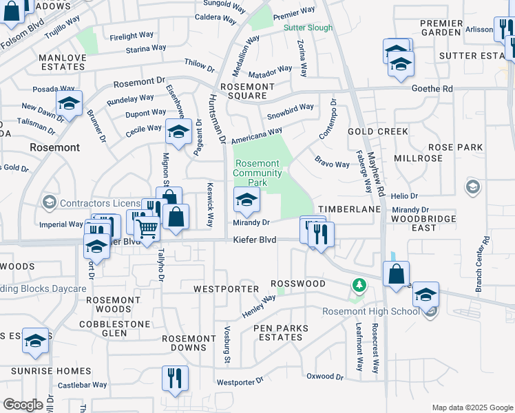 map of restaurants, bars, coffee shops, grocery stores, and more near 9325 Mirandy Drive in Sacramento