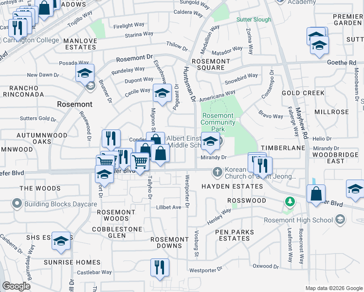 map of restaurants, bars, coffee shops, grocery stores, and more near 3641 Keswick Way in Sacramento