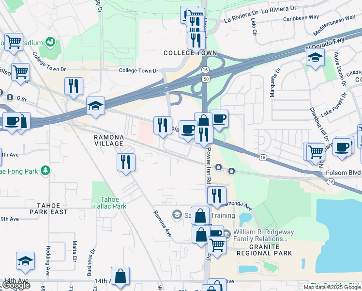 map of restaurants, bars, coffee shops, grocery stores, and more near 8000 Folsom Boulevard in Sacramento