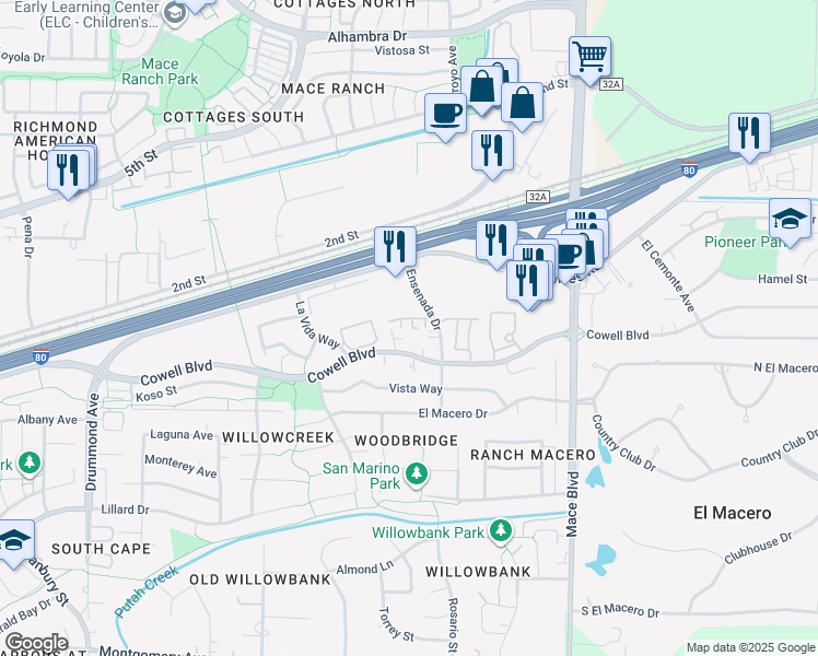 map of restaurants, bars, coffee shops, grocery stores, and more near 4141 Cowell Boulevard in Davis