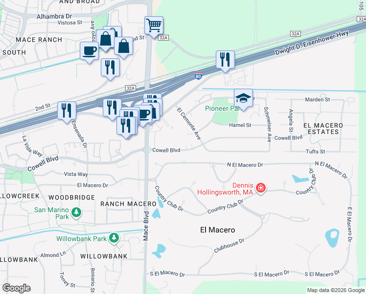map of restaurants, bars, coffee shops, grocery stores, and more near 4841 Cowell Boulevard in Davis