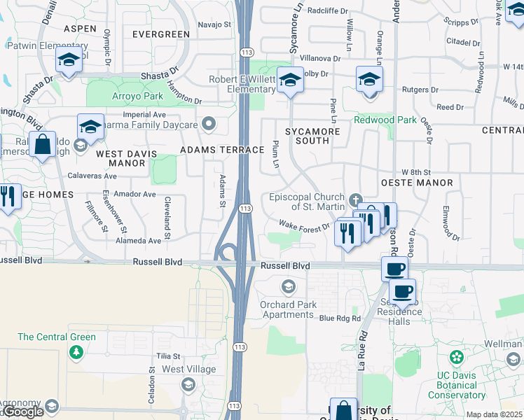 map of restaurants, bars, coffee shops, grocery stores, and more near 1440 Wake Forest Drive in Davis