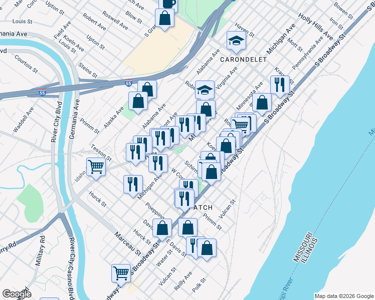 map of restaurants, bars, coffee shops, grocery stores, and more near 7604 Michigan Avenue in St. Louis