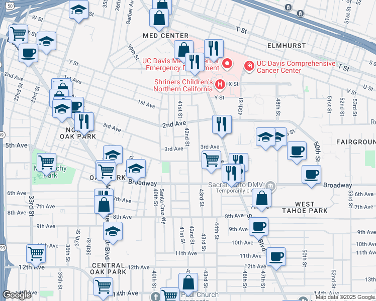 map of restaurants, bars, coffee shops, grocery stores, and more near 4173 4th Avenue in Sacramento