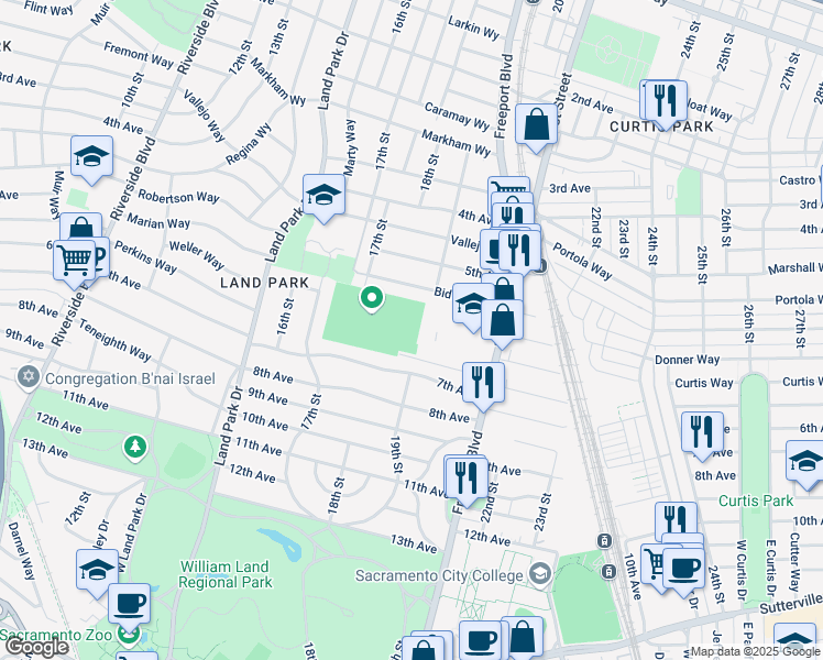 map of restaurants, bars, coffee shops, grocery stores, and more near 3066 Freeport Boulevard in Sacramento