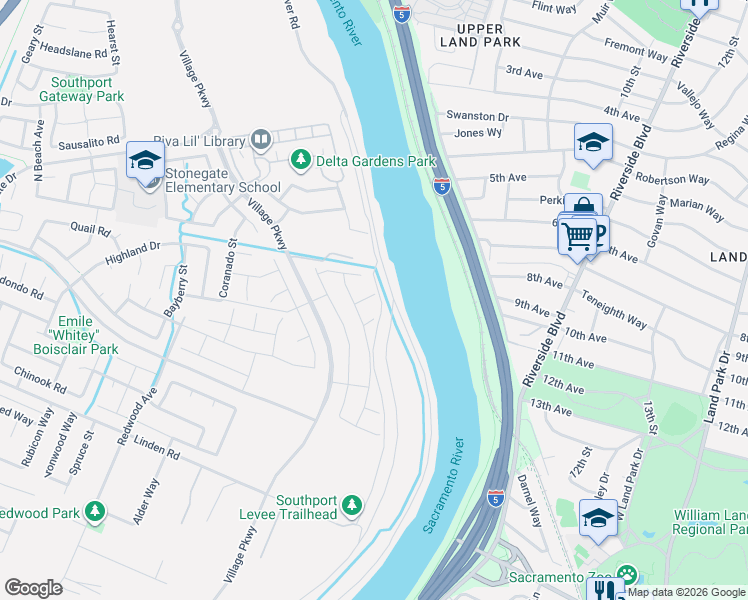 map of restaurants, bars, coffee shops, grocery stores, and more near 2800 South River Road in West Sacramento