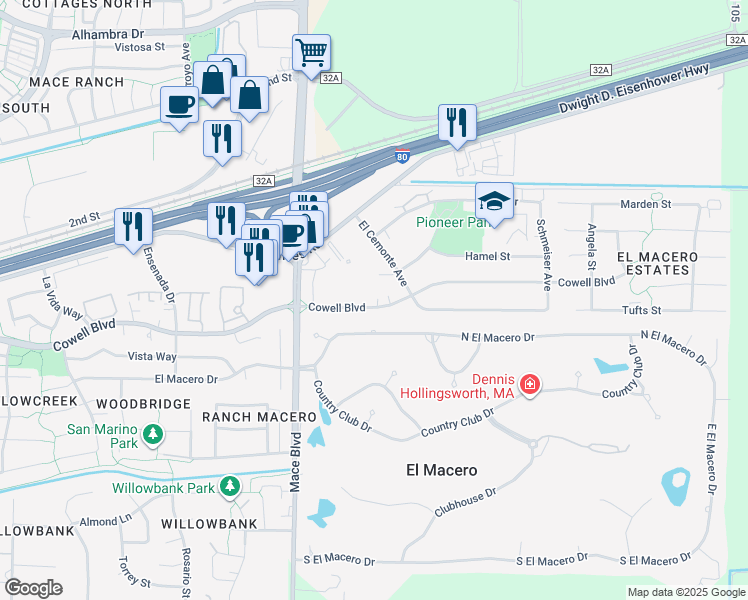 map of restaurants, bars, coffee shops, grocery stores, and more near 16-16 Cowell Boulevard in Davis