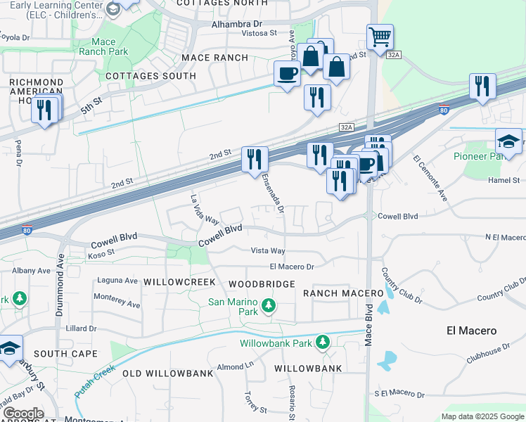 map of restaurants, bars, coffee shops, grocery stores, and more near 4141 Cowell Boulevard in Davis