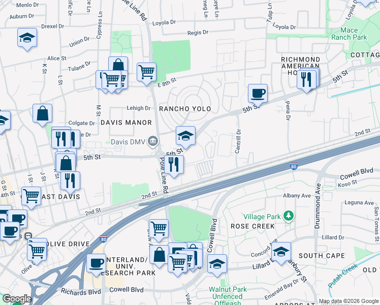 map of restaurants, bars, coffee shops, grocery stores, and more near 2100 5th Street in Davis