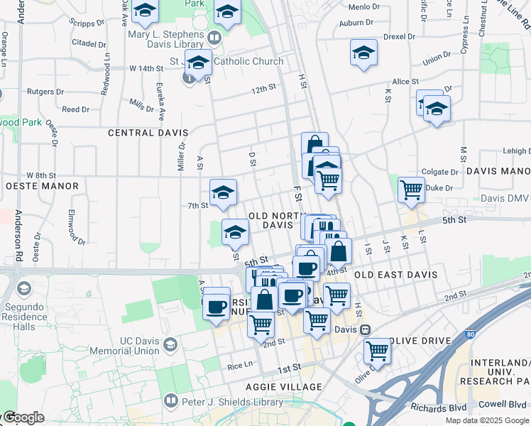map of restaurants, bars, coffee shops, grocery stores, and more near in Davis