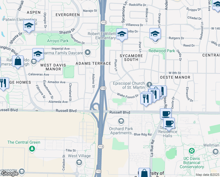 map of restaurants, bars, coffee shops, grocery stores, and more near 1440 Wake Forest Drive in Davis