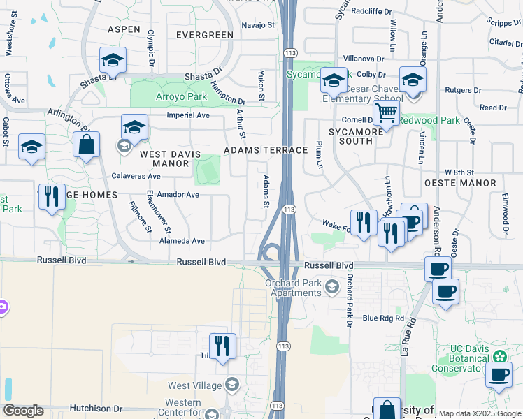 map of restaurants, bars, coffee shops, grocery stores, and more near 603 Adams Street in Davis