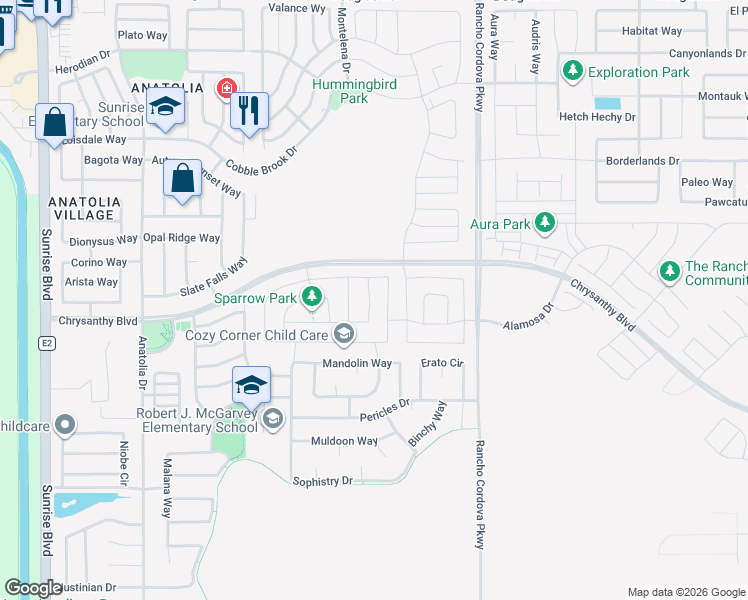 map of restaurants, bars, coffee shops, grocery stores, and more near 4243 Parnassus Drive in Rancho Cordova