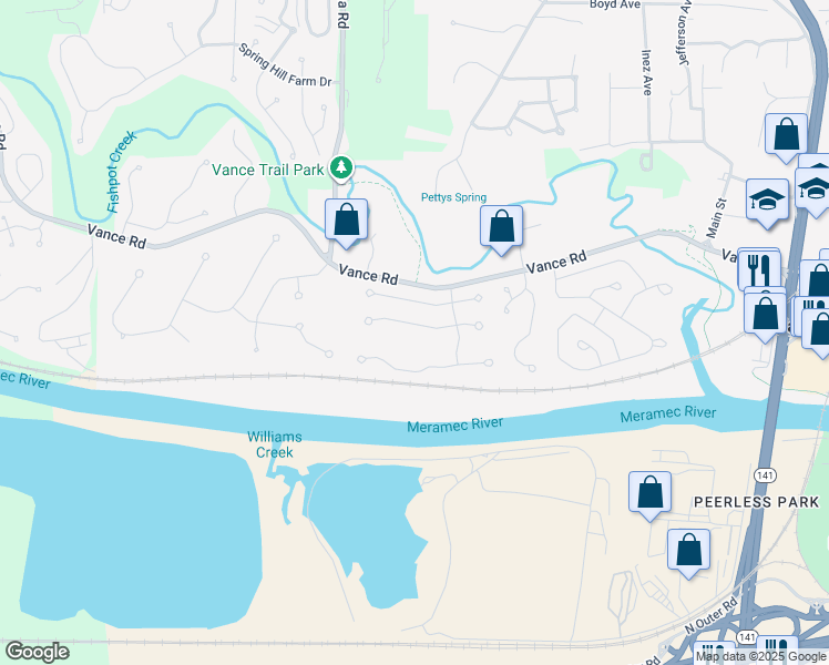 map of restaurants, bars, coffee shops, grocery stores, and more near 474 Xavier Court in Valley Park