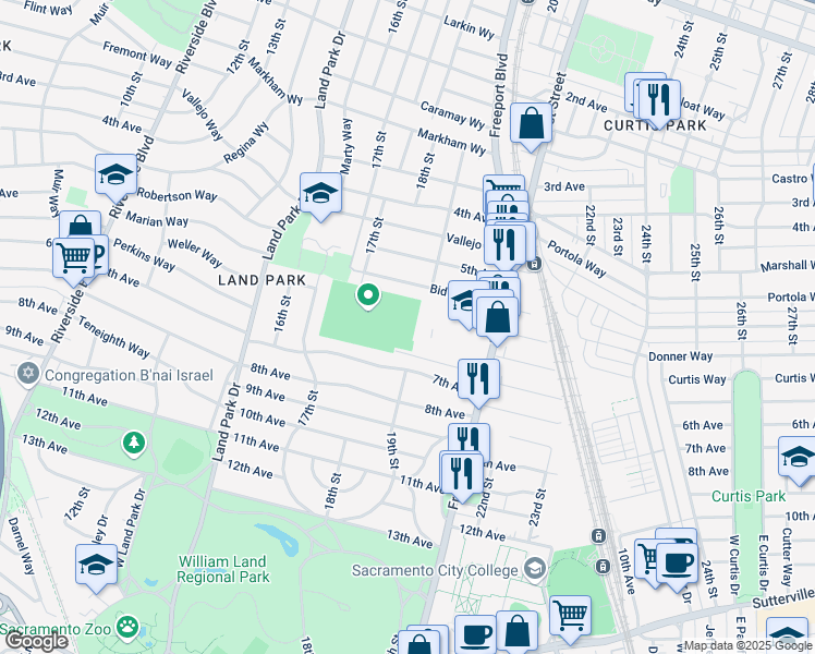 map of restaurants, bars, coffee shops, grocery stores, and more near 3066 Freeport Boulevard in Sacramento
