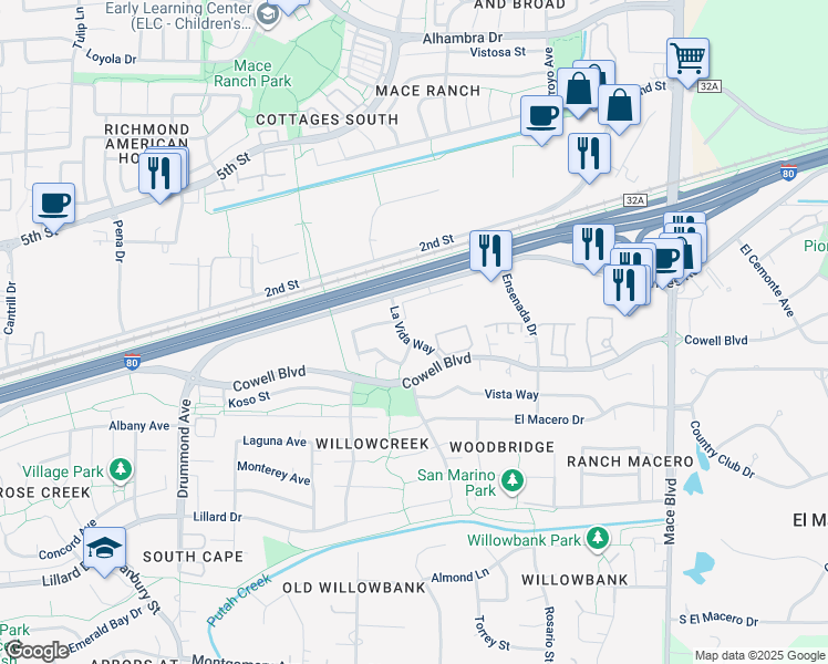 map of restaurants, bars, coffee shops, grocery stores, and more near 313 La Vida Way in Davis