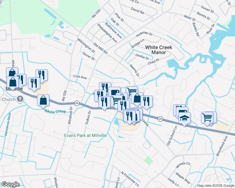 map of restaurants, bars, coffee shops, grocery stores, and more near 209 Chad Place in Millville