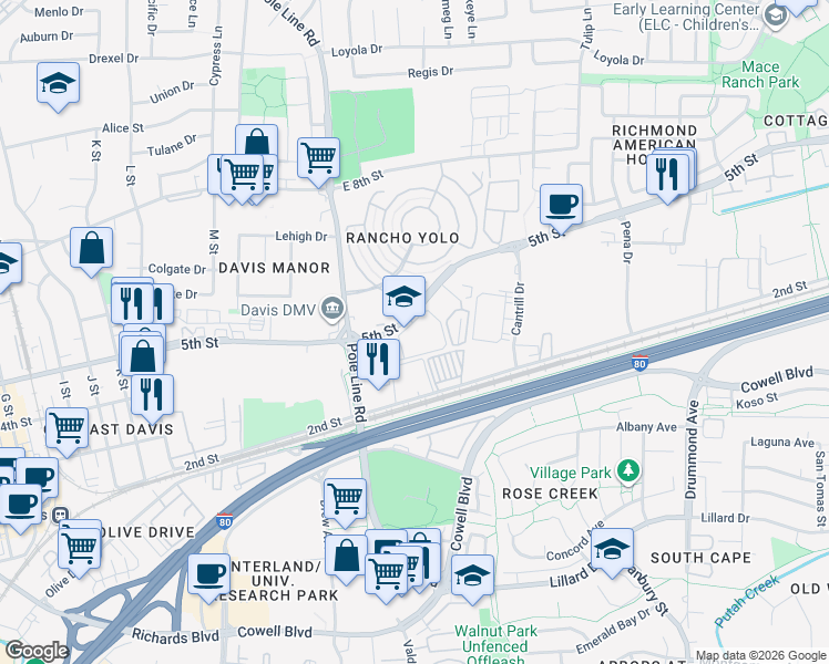 map of restaurants, bars, coffee shops, grocery stores, and more near 2100 5th Street in Davis