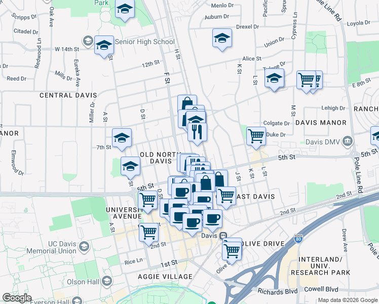 map of restaurants, bars, coffee shops, grocery stores, and more near 607 G Street in Davis