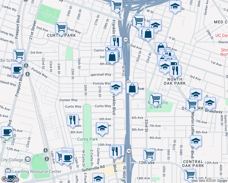 map of restaurants, bars, coffee shops, grocery stores, and more near Franklin Blvd & 5th Ave in Sacramento
