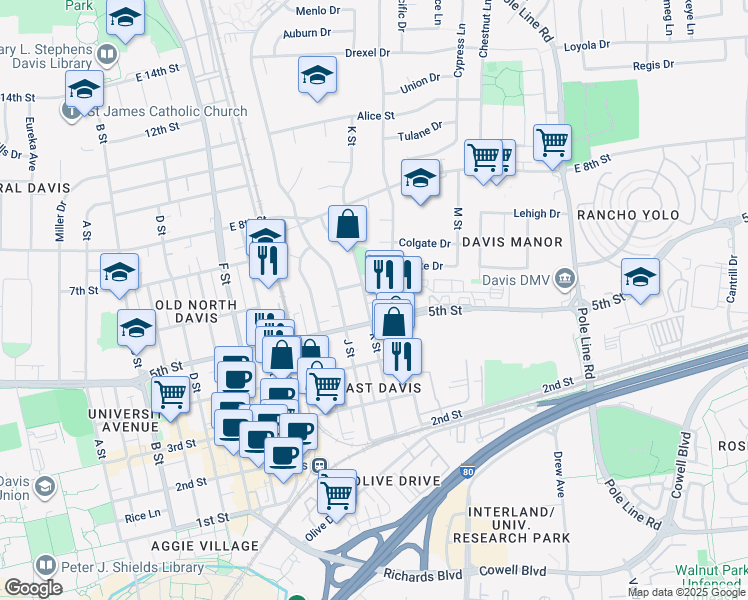 map of restaurants, bars, coffee shops, grocery stores, and more near 1205 5th Street in Davis