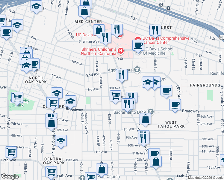 map of restaurants, bars, coffee shops, grocery stores, and more near 4315 4th Avenue in Sacramento