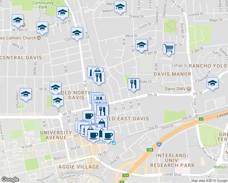 map of restaurants, bars, coffee shops, grocery stores, and more near 542 I Street in Davis