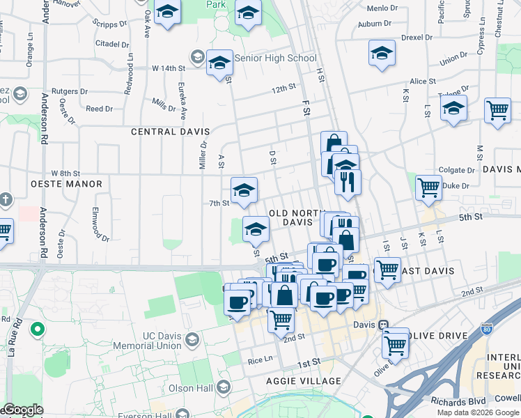 map of restaurants, bars, coffee shops, grocery stores, and more near 620 B Street in Davis