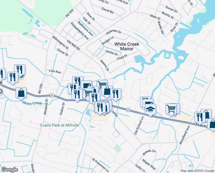 map of restaurants, bars, coffee shops, grocery stores, and more near 26 Pier Point Drive in Millville