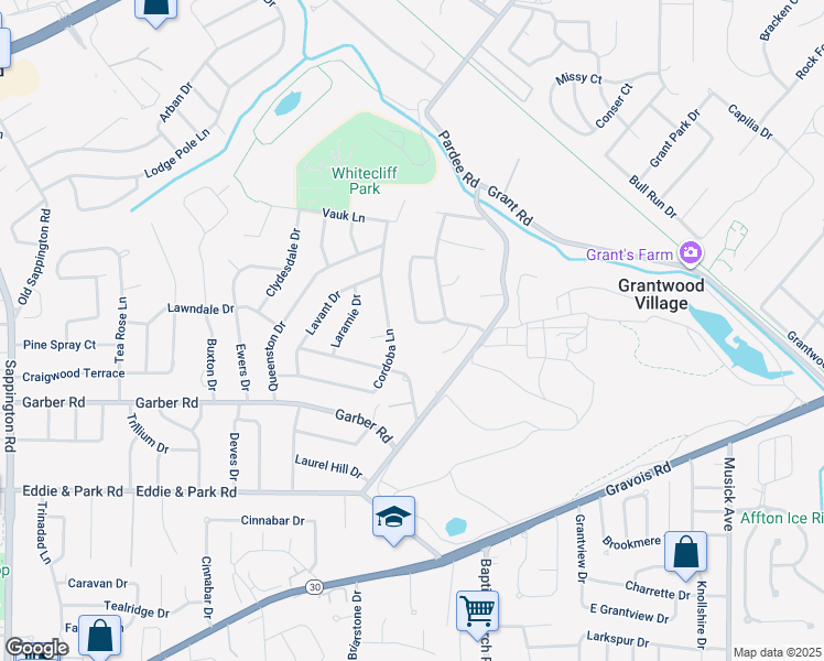 map of restaurants, bars, coffee shops, grocery stores, and more near 9270 Cordoba Lane in St. Louis