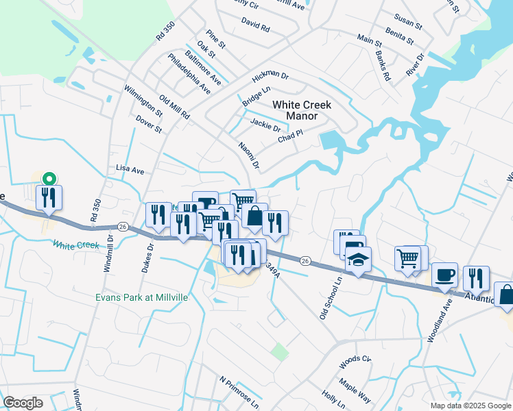 map of restaurants, bars, coffee shops, grocery stores, and more near 26 Pier Point Drive in Millville