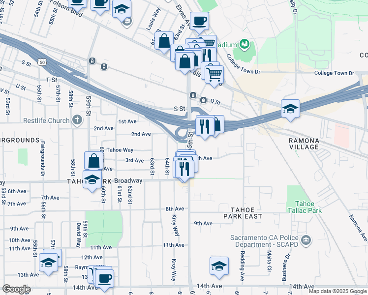 map of restaurants, bars, coffee shops, grocery stores, and more near 2738 65th Street in Sacramento