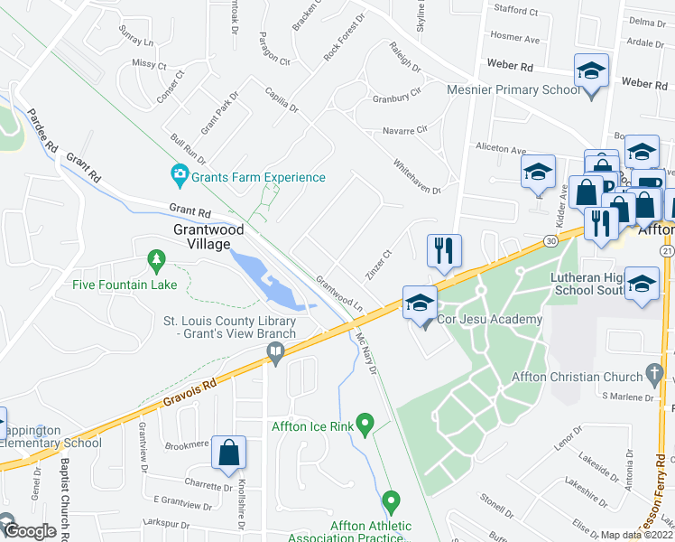 map of restaurants, bars, coffee shops, grocery stores, and more near 5 Grantview Lane in St. Louis