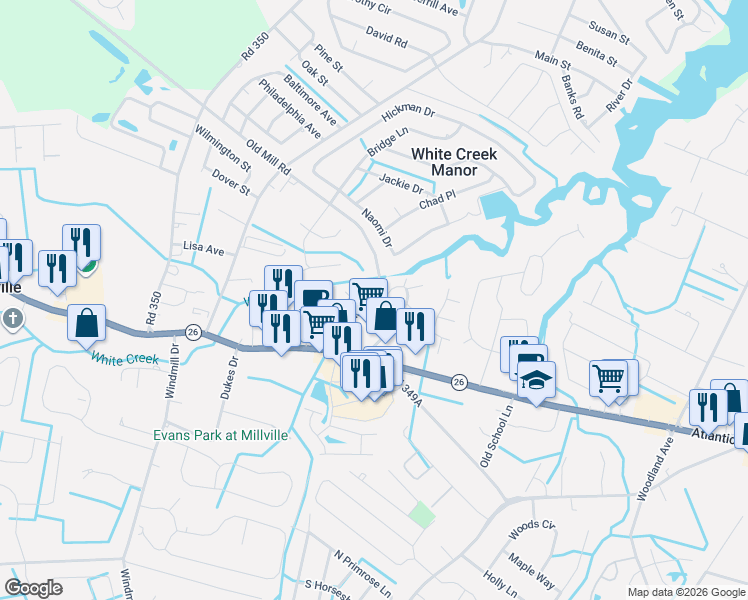 map of restaurants, bars, coffee shops, grocery stores, and more near 20 Pier Point Drive in Millville