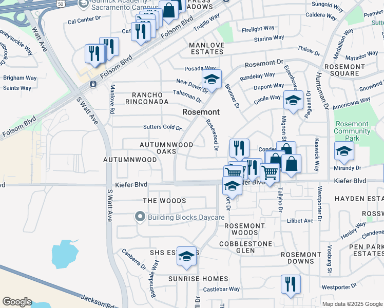 map of restaurants, bars, coffee shops, grocery stores, and more near 9016 Mojave Drive in Sacramento