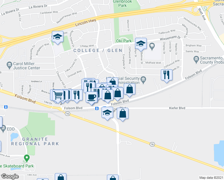 map of restaurants, bars, coffee shops, grocery stores, and more near 3161 Occidental Drive in Sacramento