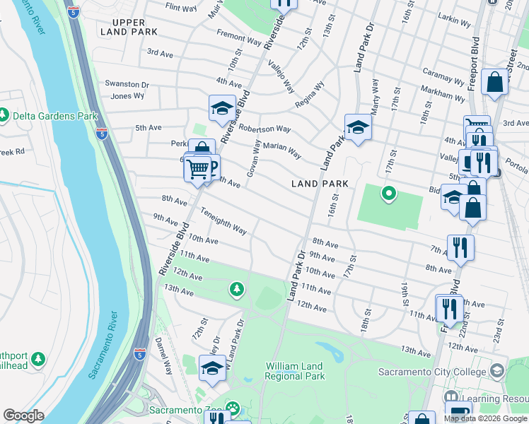 map of restaurants, bars, coffee shops, grocery stores, and more near 1400 8th Avenue in Sacramento