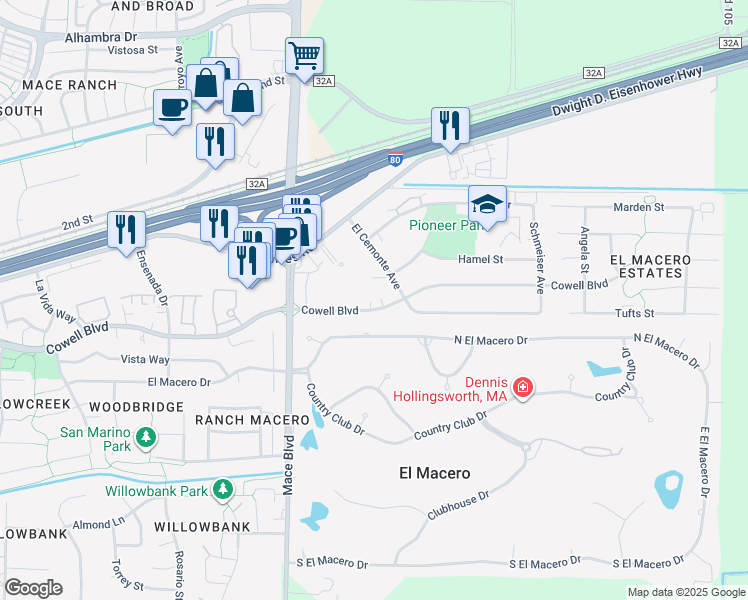 map of restaurants, bars, coffee shops, grocery stores, and more near 16-16 Cowell Boulevard in Davis