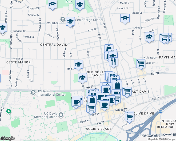 map of restaurants, bars, coffee shops, grocery stores, and more near in Davis