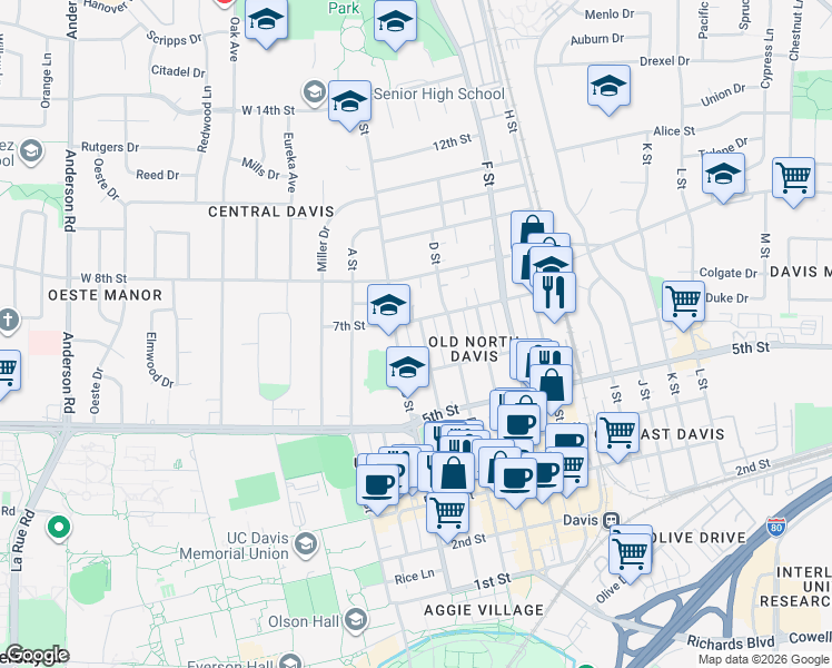 map of restaurants, bars, coffee shops, grocery stores, and more near 620 B Street in Davis