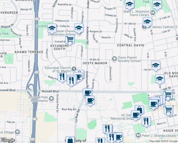 map of restaurants, bars, coffee shops, grocery stores, and more near 650 Sunset Court in Davis