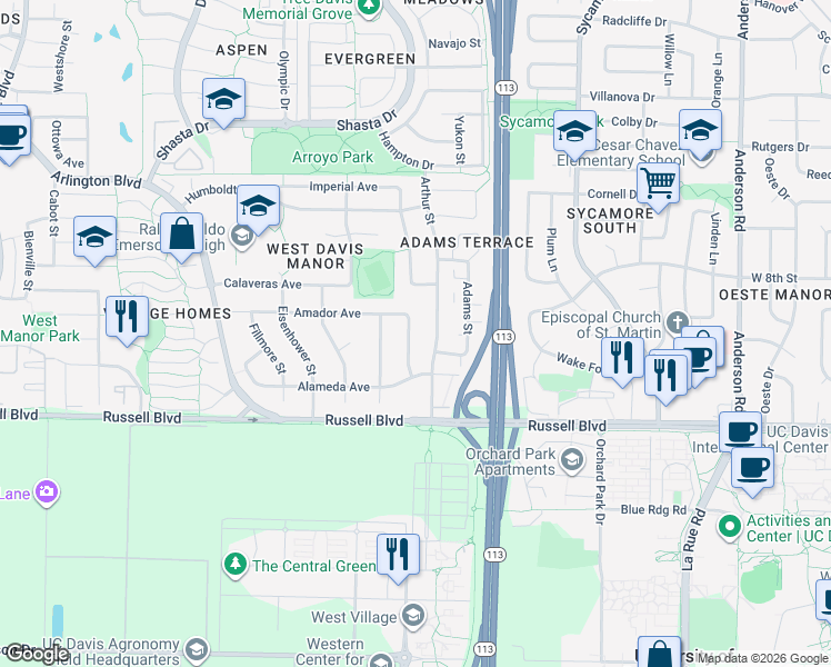 map of restaurants, bars, coffee shops, grocery stores, and more near 610 Buchanan Street in Davis