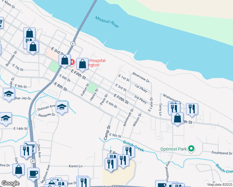 map of restaurants, bars, coffee shops, grocery stores, and more near 1418 East Fifth Street in Washington